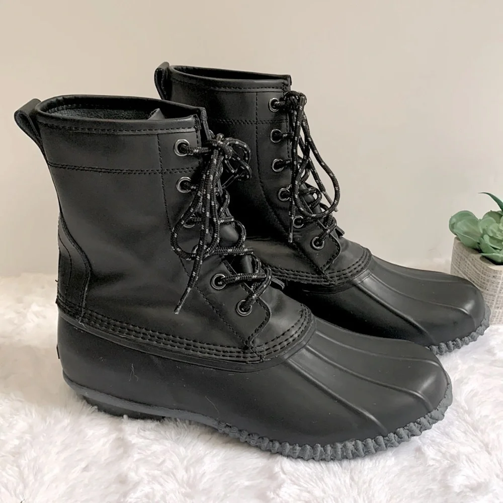 LANDS’ End mens black leather waterproof mid-calf duck boots 490642